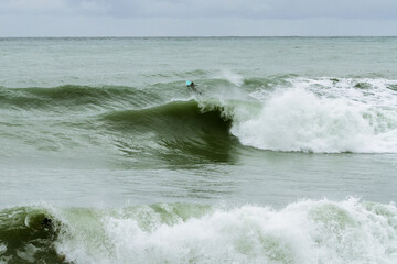 
Surfer girl alone swims big green waves in the cold sea