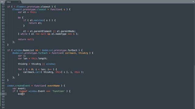 Java Script Programming Language Source Code Typing Effect. Java Script Programmer Ticker Colored Commands Editor Screen. Network Development Technology Education. Dark blue background. 