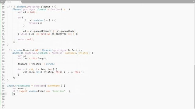 Java Script Programming Language Source Code Typing Effect. Java Script Programmer Ticker Colored Commands Editor Screen. Network Development Technology Education. White light background. 