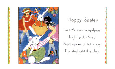 Obraz premium Art deco style, no text, rabbit and girls Easter Illustration, restored old antique postcard. Vintage drawing circa 1900