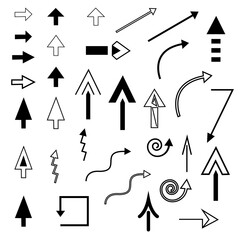 Set of arrows of various shapes in black color