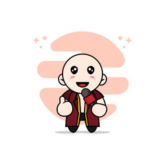 Cute lawyer character holding a microphone.