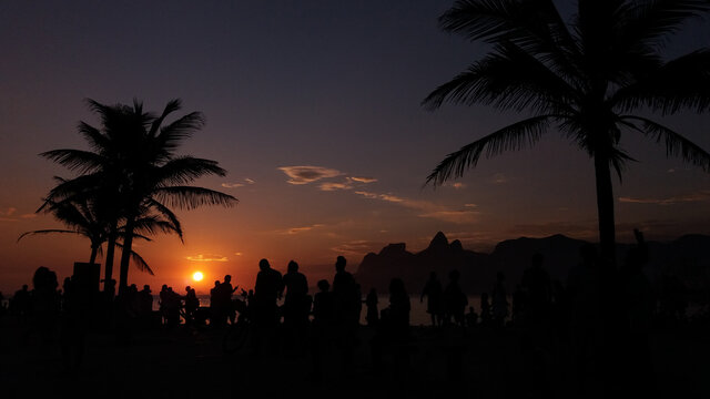 People enjoy the sunset surrounded by trees in Arpoador neighborhood, Rio de Janeiro