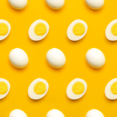 Fresh farm chicken boiled half cut eggs pattern on yellow background. Healthy food or Happy Easter creative minimal concept. Flat lay, top view