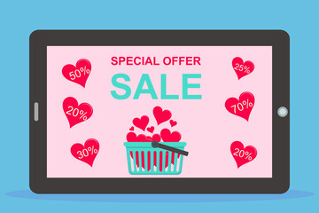 Digital tablet with Valentines Day holiday elements. Screen with a text special offer sale and basket with red hearts. Vector illustration in flat style