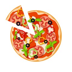 Classic Pizza Olives, basil Leaves, Tomato Slices. Round Pizza With Cut Piece. On a white background. Appetizing and Beautiful. vector cartoon flat material design