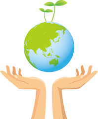 新芽が生えている地球を持つ手のイメージイラスト