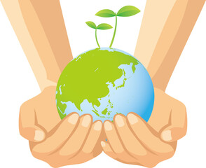 新芽が生えている地球を持つ手のイメージイラスト