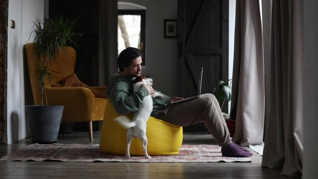 man working on outsource with laptop and playing with dog in same time at home