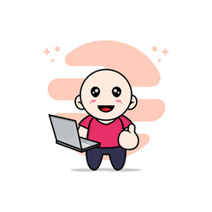 Cute kids character holding laptop.