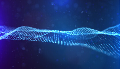 Wave of blue particles. Abstract technology flow background. Sound mesh pattern or grid landscape. Digital data structure consist dot elements. Future vector illustration.