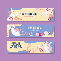 Banner template with loving you concept design for advertise and marketing watercolor vector illustration