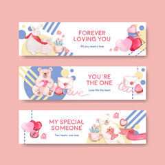 Fototapeta na wymiar Banner template with loving you concept design for advertise and marketing watercolor vector illustration