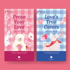 Instagram template with loving you concept for social media and community watercolor vector illustration