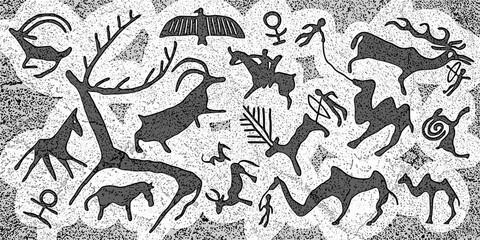 Panel on the ethnic theme. A series of petroglyphs, rock paintings of Central Asia, vector design.