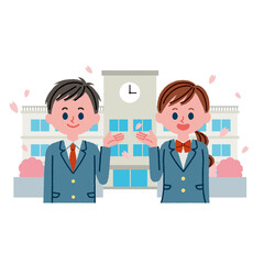 学生と校舎のイラスト素材(春)