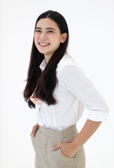 Portrait of young and beautiful long hair woman on white backgrond.