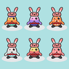 Vector cute for Easter Egg Hunt with colored eggs and hat rabbit. Vector illustration. Colorful painted easter eggs with funny bunny ears and cartoon faces.
