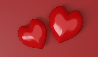 Two red hearts on red background. Valentine's day concept