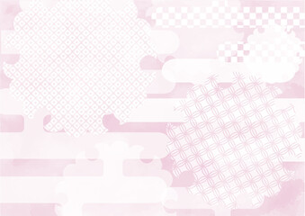 水彩風　雲と雪の和風背景素材　ピンク　水彩風