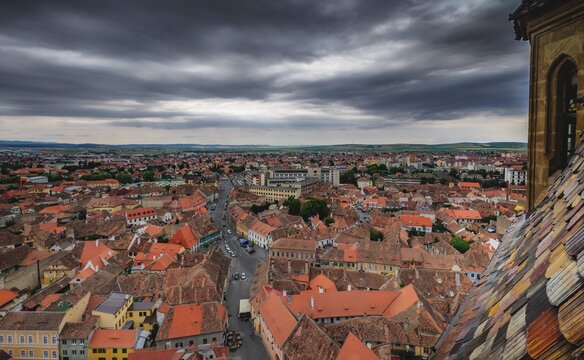 High Angle Shot Of Townscape Against Sky