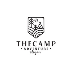 camping logos consisting of mountains, camp and trees line style isolated for explore emblem, hiking sticker, tourist symbol, travel badge, expedition label, poster, banner, t-shirt