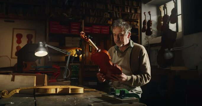 Cinematic shot of experienced master artisan luthier controlling quality of handmade wood violin just made in creative workshop. Concept of spiritual instrument, art, orchestra, passion for music.