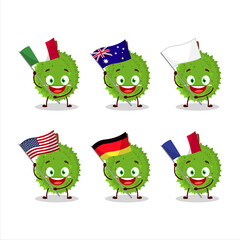 Durian cartoon character bring the flags of various countries