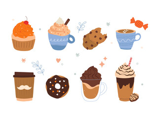 Collection of sweet desserts, food and drinks isolated on white background