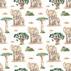 Watercolor seamless pattern mom and baby elephants in the African savannah with baobabs and dry grass on a white background
