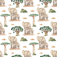 Tapeten Watercolor seamless pattern mom and baby elephants in the African savannah with baobabs and dry grass on a white background © MarinaErmakova