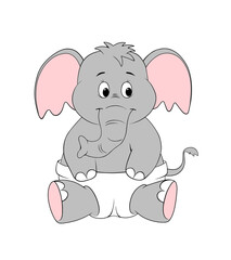 digital drawing of a cartoon animal in diaper, cute baby elephant sitting