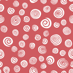 Vector seamless pattern with white spirals on red background. Abstract background