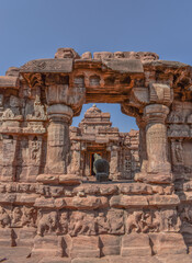 pattadakal temple a valley of red soil.South Indian temples with Indian rock cut architecture in karnataka near Badami city .