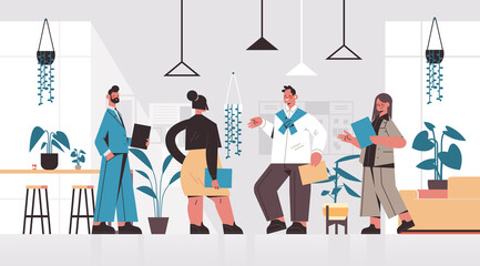 businesspeople team discussing during meeting business people brainstorming teamwork communication concept modern office interior horizontal full length vector illustration