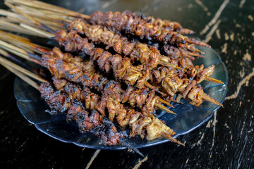 Chicken intestine satay or sate usus ayam. Indonesian traditional food