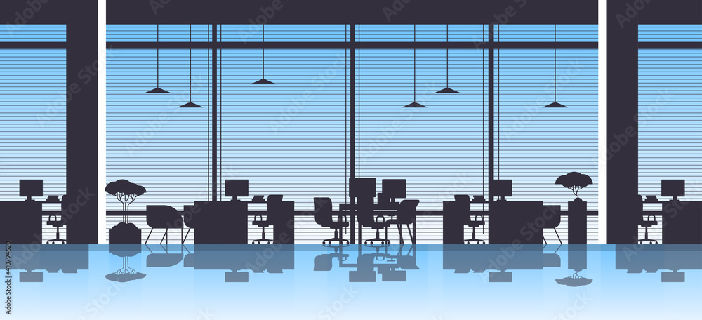Aufkleber empty workplace office desks with desktop computers no people open space interior horizontal vector 