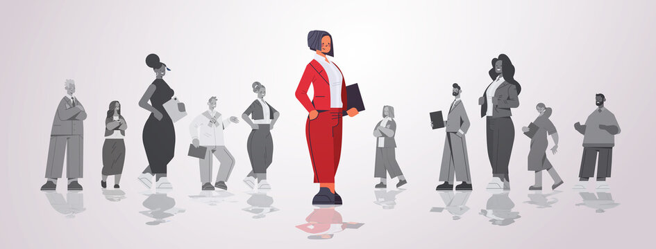 businesswoman leader standing in front of businesspeople group leadership business competition concept horizontal full length vector illustration