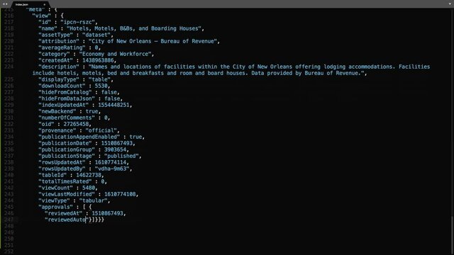 Json Programming Language Source Code Typing Effect. Json Programmer Ticker Colored Commands Editor Screen. Network Development Technology Education. Black Background. 