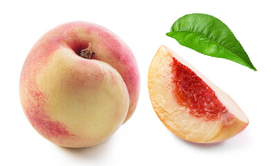 ripe peach with slice and leaf separately isolated white background