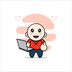 Cute kids character holding laptop.