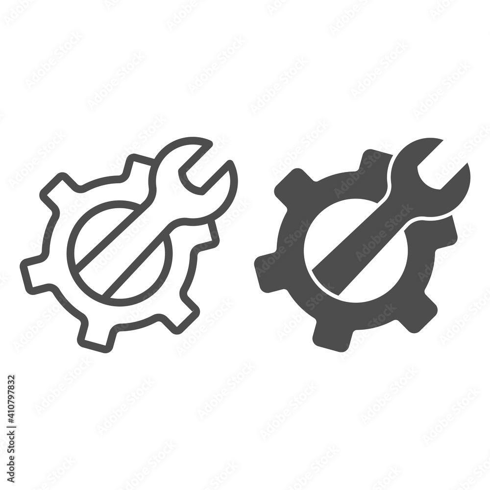 Poster wrench in gear line and solid icon, labour day concept, service tool sign on white background, mecha