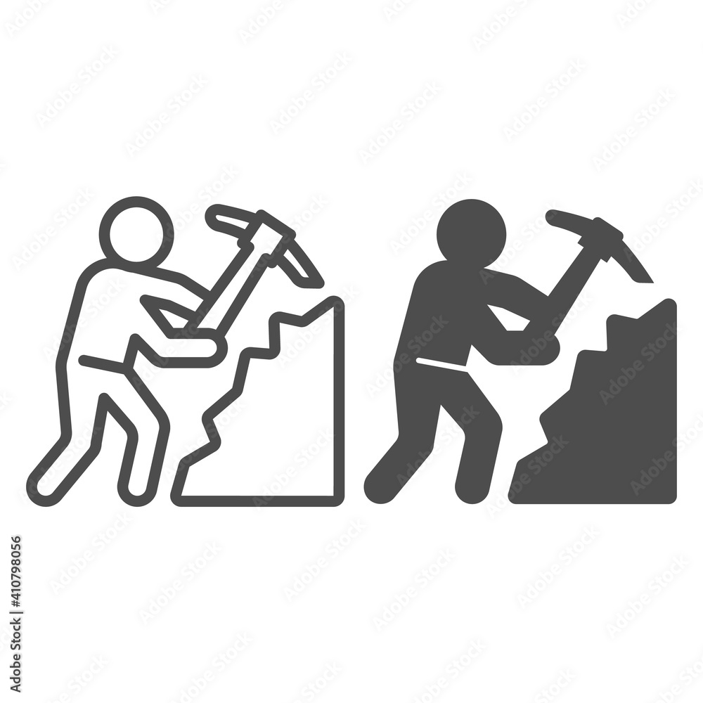 Poster miner with pickaxe line and solid icon, labour day concept, pile of coal and man with pickaxe sign o