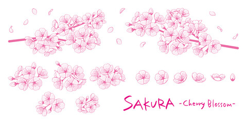 桜のイラストパーツ素材セット　線画1色