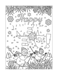 Happy New Year greeting full page connect the dots puzzle and coloring page wth greeting text and two skiing snowmen in winter scene
