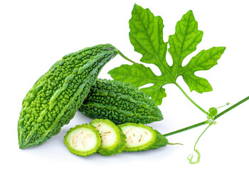 Bitter melon ( bitter gourd, bitter cucumberor Momordica charantia ) with slice and green leaf...