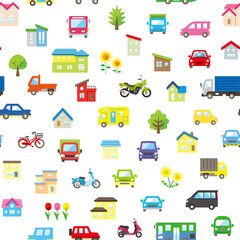 家と車と二輪車と植物のシームレスパターン(カラー)
