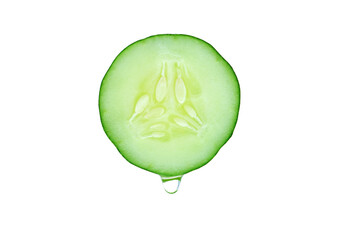Cucumber with extract oil or water dropping on white background. Healthy vegetable food. Herb for use a cosmetic production in beauty treatment.