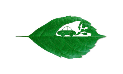 The car cutting leaf. Carbon dioxide toxic gas smoke destroys the environment. Save the earth green...