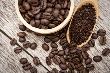 coffee beans on a wooden table background